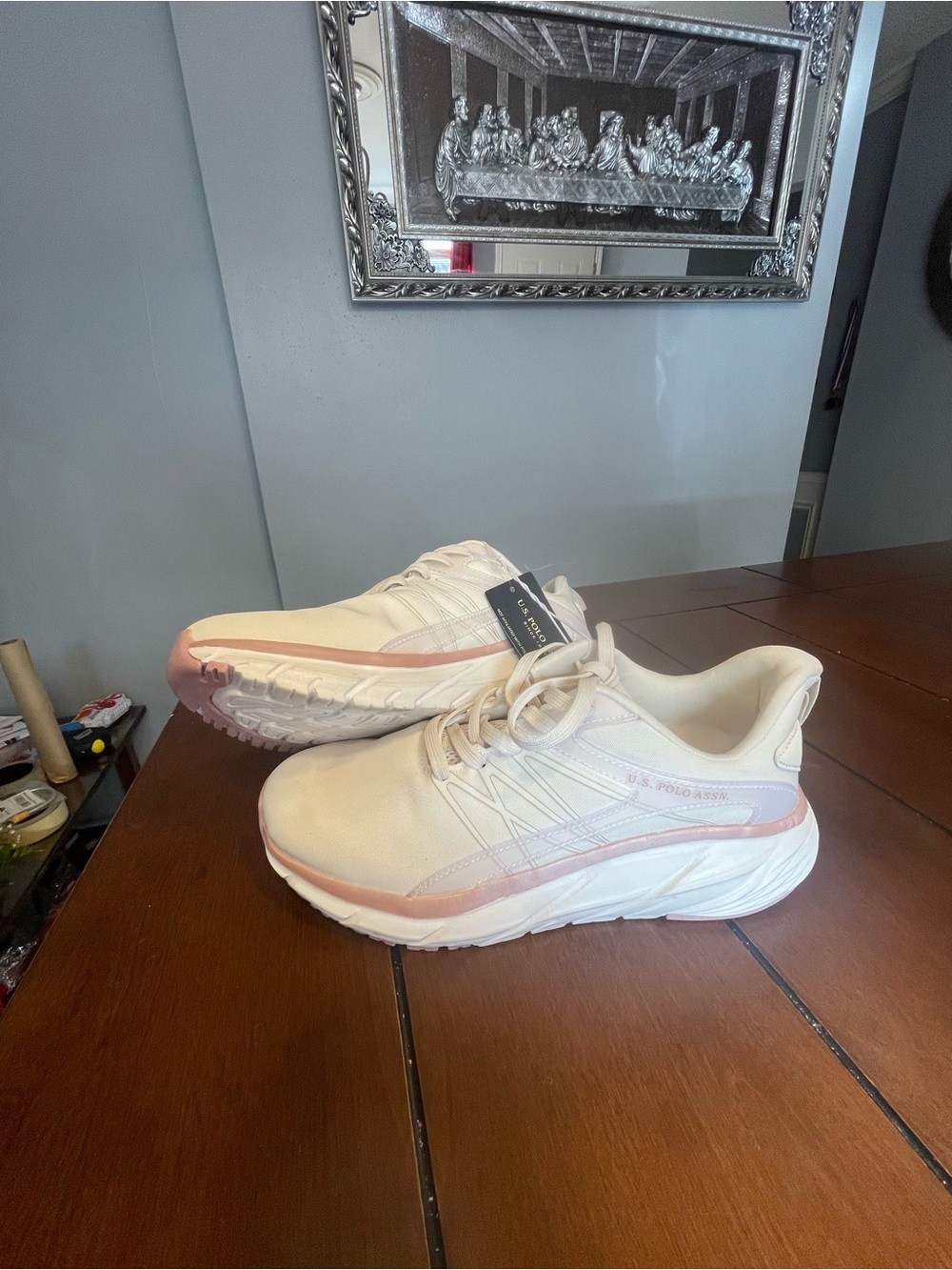 U.S. Polo Assn. Women's Cream Sneakers with Pink Accent